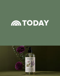 TODAY logo above a Koala Eco hand wash bottle beside purple flowers and eucalyptus.